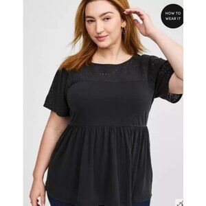 Torrid Vintage Cotton Jersey Crew Neck Eyelet Yoke Babydoll Top Blouse 3X 22-24